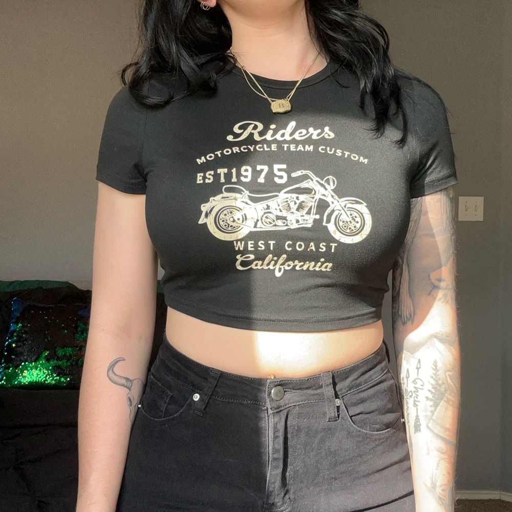 SHEIN Black Crop Top with Gold Motorcycle Graphic